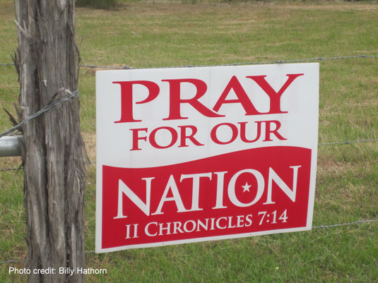 Yard sign Pray for our Nation citing 2 Chronicles 7:14